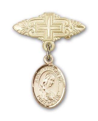 Pin Badge with St. Philomena Charm and Badge Pin with Cross - Gold Tone