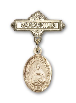 Baby Badge with Marie Magdalen Postel Charm and Godchild Badge Pin - 14K Solid Gold