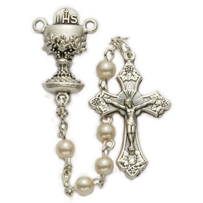 First Communion Pearl Rosary with Chalice Centerpiece   - Silver