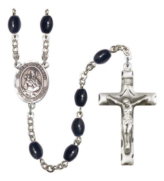 Men's Virgen del Carmen Silver Plated Rosary - Black Oval
