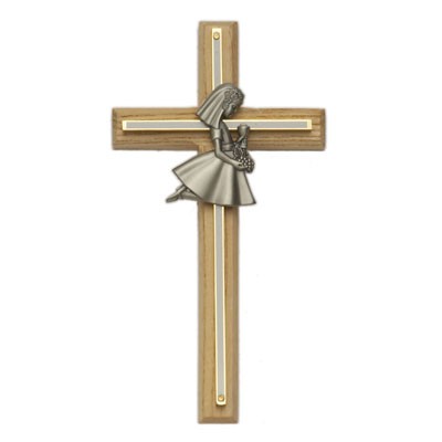 First Communion Girl's Oak and Brass Cross - 8 inch - Light Brown