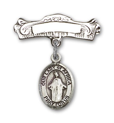 Pin Badge with Our Lady of Africa Charm and Arched Polished Engravable Badge Pin - Silver tone
