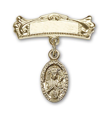 Pin Badge with Our Lady of Czestochowa Charm and Arched Polished Engravable Badge Pin - 14K Solid Gold