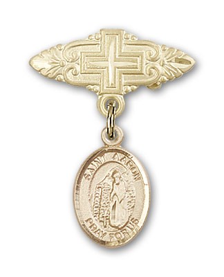 Pin Badge with St. Aaron Charm and Badge Pin with Cross - 14K Solid Gold