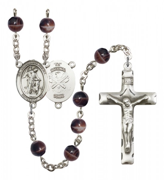 Men's Guardian Angel National Guard Silver Plated Rosary - Brown