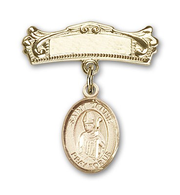 Pin Badge with St. Dennis Charm and Arched Polished Engravable Badge Pin - Gold Tone