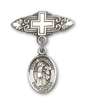 Pin Badge with St. Sebastian Charm and Badge Pin with Cross - Silver tone