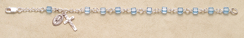 Rosary Bracelet - Sterling Silver with Aqua Swarovski Cube - Aqua