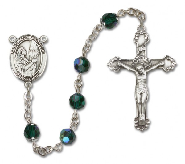 St. Mary Magdalene Sterling Silver Heirloom Rosary Fancy Crucifix - Emerald Green