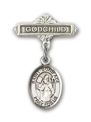 Pin Badge with St. Boniface Charm and Godchild Badge Pin - Silver tone