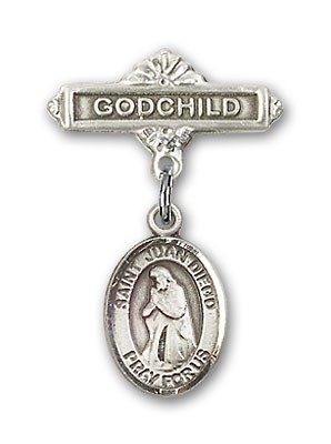 Pin Badge with St. Juan Diego Charm and Godchild Badge Pin - Silver tone