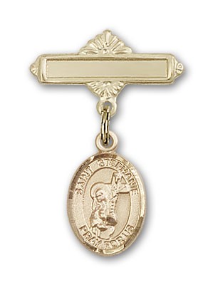 Pin Badge with St. Stephanie Charm and Polished Engravable Badge Pin - 14K Solid Gold