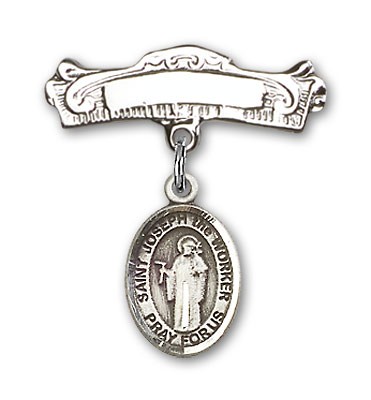Pin Badge with St. Joseph the Worker Charm and Arched Polished Engravable Badge Pin - Silver tone