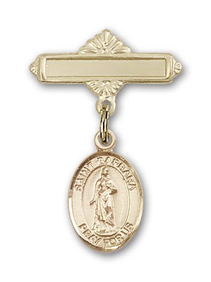 Pin Badge with St. Barbara Charm and Polished Engravable Badge Pin - 14K Solid Gold