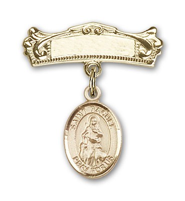 Pin Badge with St. Rachel Charm and Arched Polished Engravable Badge Pin - Gold Tone