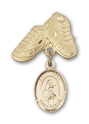 Pin Badge with St. Rita of Cascia Charm and Baby Boots Pin - 14K Solid Gold