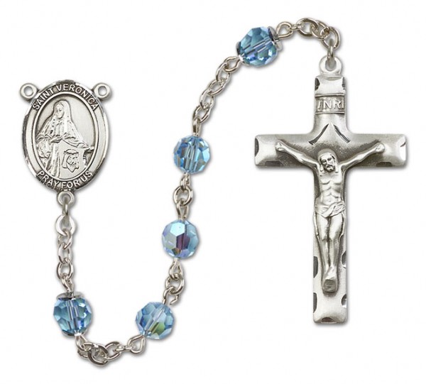 St. Veronica Sterling Silver Heirloom Rosary Squared Crucifix - Aqua