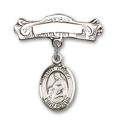 Pin Badge with St. Agnes of Rome Charm and Arched Polished Engravable Badge Pin - Silver tone