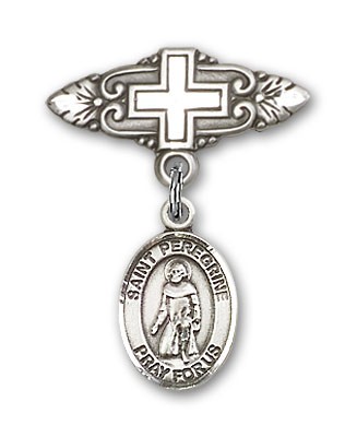 Pin Badge with St. Peregrine Laziosi Charm and Badge Pin with Cross - Silver tone