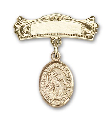 Pin Badge with St. Gabriel the Archangel Charm and Arched Polished Engravable Badge Pin - 14K Solid Gold