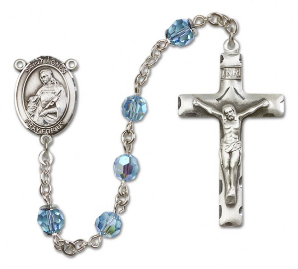 St. Agnes of Rome Sterling Silver Heirloom Rosary Squared Crucifix - Aqua