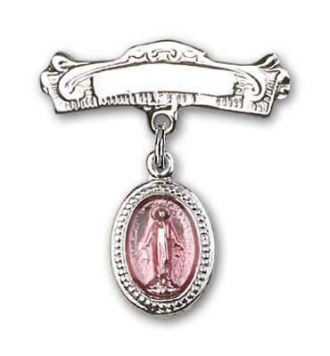 Baby Pin with Pink Miraculous Charm and Arched Polished Engravable Badge Pin - Silver | Pink