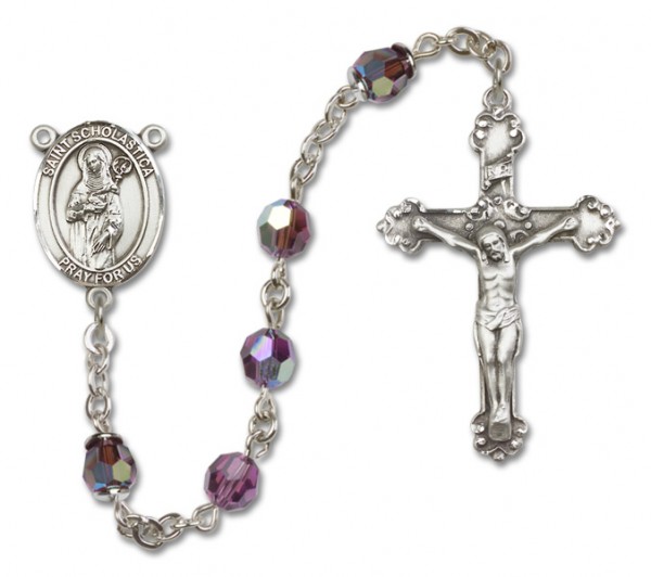 St. Scholastica Sterling Silver Heirloom Rosary Fancy Crucifix - Amethyst