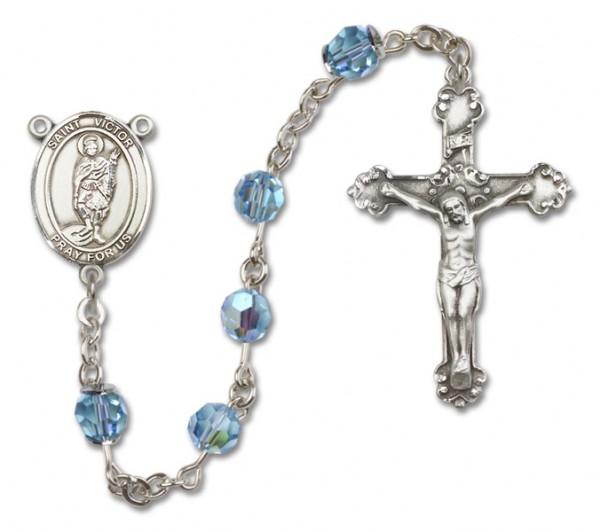St. Victor of Marseilles Sterling Silver Heirloom Rosary Fancy Crucifix - Aqua