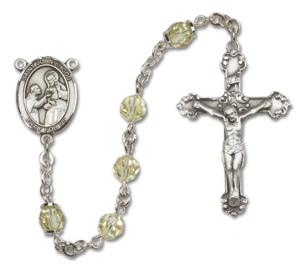 St. John of God Sterling Silver Heirloom Rosary Fancy Crucifix - Zircon