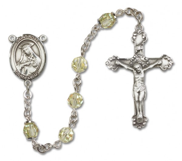 St. Rose of Lima Sterling Silver Heirloom Rosary Fancy Crucifix - Zircon