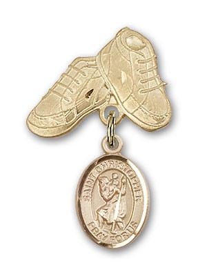 Pin Badge with St. Christopher Charm and Baby Boots Pin - Gold Tone