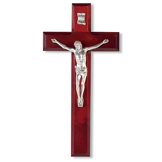 Dark Cherry Wall Crucifix Pewter Corpus - 10 inch - Cherry Wood