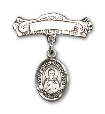 Pin Badge with St. John Chrysostom Charm and Arched Polished Engravable Badge Pin - Silver tone