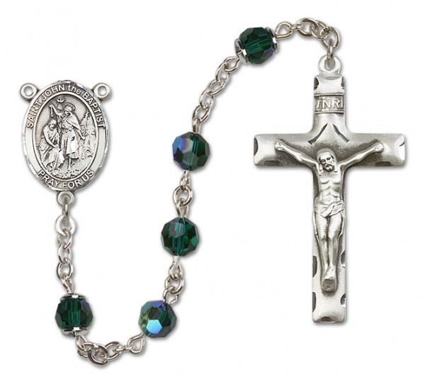 St. John the Baptist Sterling Silver Heirloom Rosary Squared Crucifix - Emerald Green