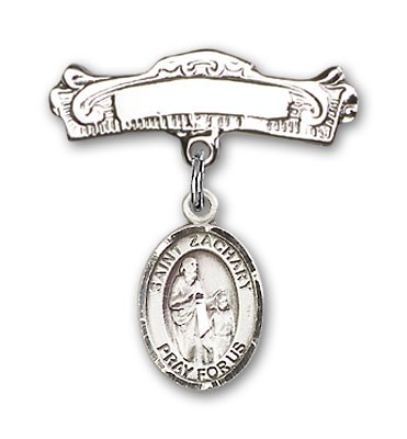 Pin Badge with St. Zachary Charm and Arched Polished Engravable Badge Pin - Silver tone