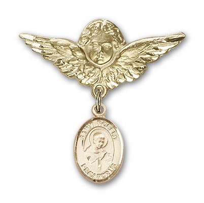 Pin Badge with St. Robert Bellarmine Charm and Angel with Larger Wings Badge Pin - Gold Tone