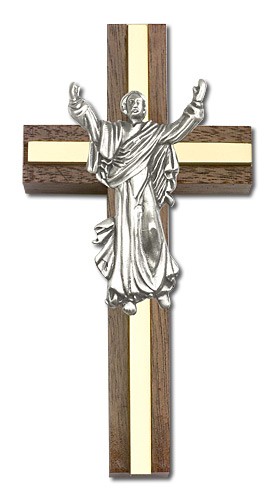 Risen Christ Wall Cross in Walnut and Metal Inlay 4&quot; - Two-Tone Gold