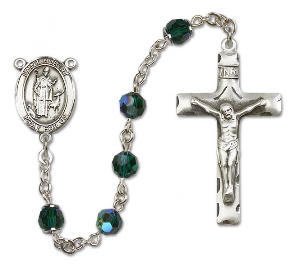 St. Hubert of Liege Sterling Silver Heirloom Rosary Squared Crucifix - Emerald Green