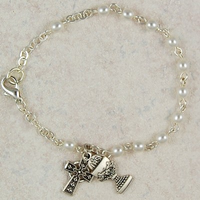 Irish First Communion Faux Pearl Bracelet with Chalice and Celtic Cross Charm - Pearl White