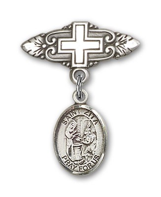 Pin Badge with St. Zita Charm and Badge Pin with Cross - Silver tone