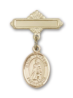 Pin Badge with St. Peregrine Laziosi Charm and Polished Engravable Badge Pin - 14K Solid Gold