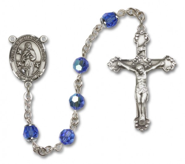 Our Lady of Assumption Sterling Silver Heirloom Rosary Fancy Crucifix - Sapphire