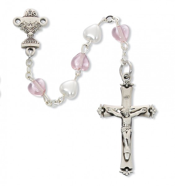 Girl's First Communion Rosary with Pearl Heart Shaped Beads - Pink | White | Silver