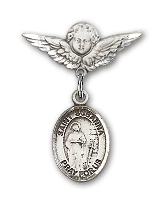 Pin Badge with St. Susanna Charm and Angel with Smaller Wings Badge Pin - Silver tone