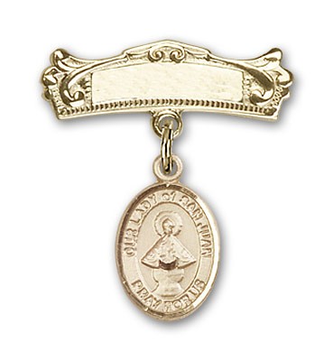 Pin Badge with Our Lady of San Juan Charm and Arched Polished Engravable Badge Pin - Gold Tone