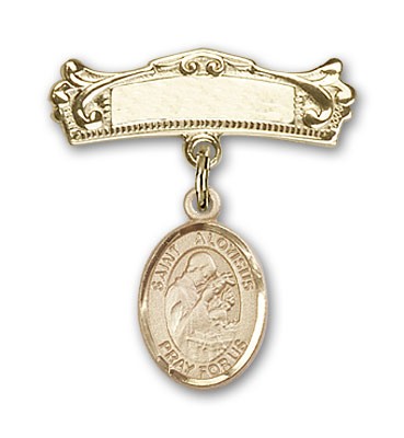 Pin Badge with St. Aloysius Gonzaga Charm and Arched Polished Engravable Badge Pin - 14K Solid Gold