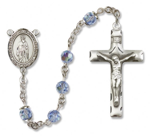 St. Bartholomew Sterling Silver Heirloom Rosary Squared Crucifix - Light Sapphire