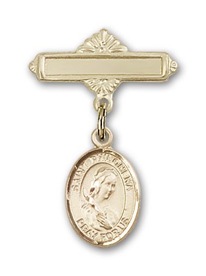 Pin Badge with St. Philomena Charm and Polished Engravable Badge Pin - 14K Solid Gold