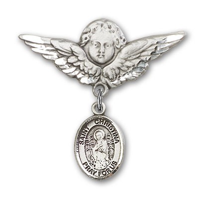 Pin Badge with St. Christina the Astonishing Charm and Angel with Larger Wings Badge Pin - Silver tone