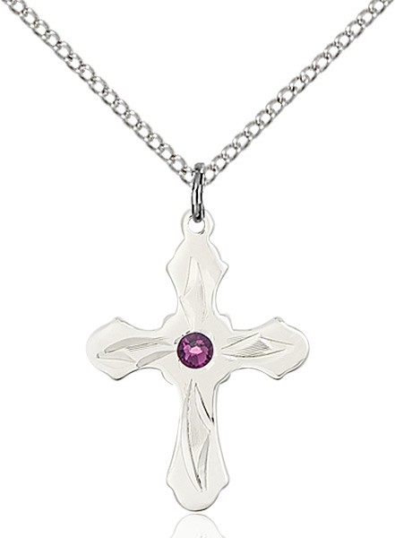 Youth Cross Pendant with Pointed Etching Birthstone Options - Amethyst